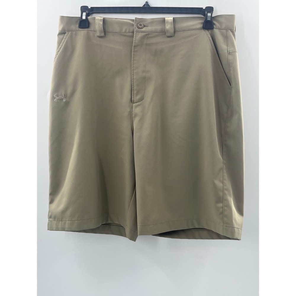Under Armour Mens 36R Golf Shorts Khaki Tan HeatGear Performance Flat Front 36